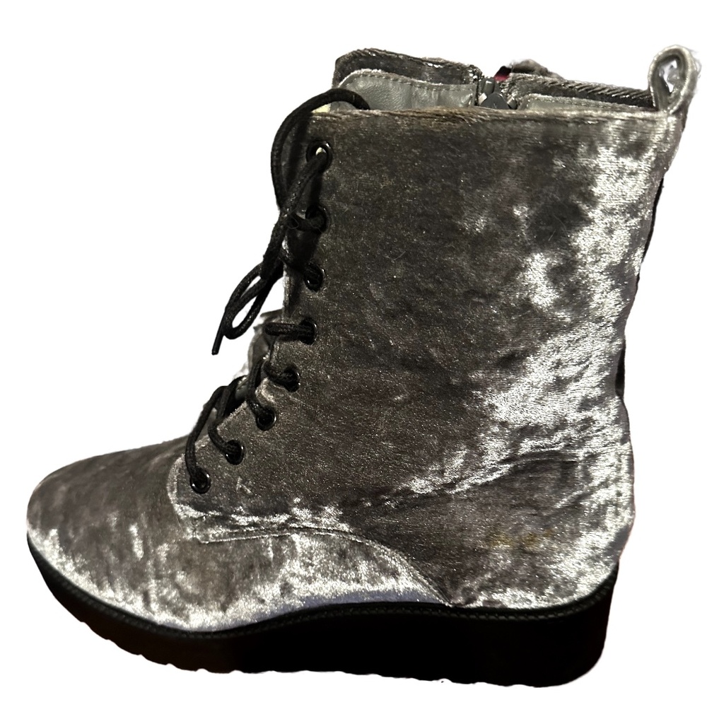 Never worn! Silver Velvet Biker Boots Platform zip up/tie front Size 9 Wide fit